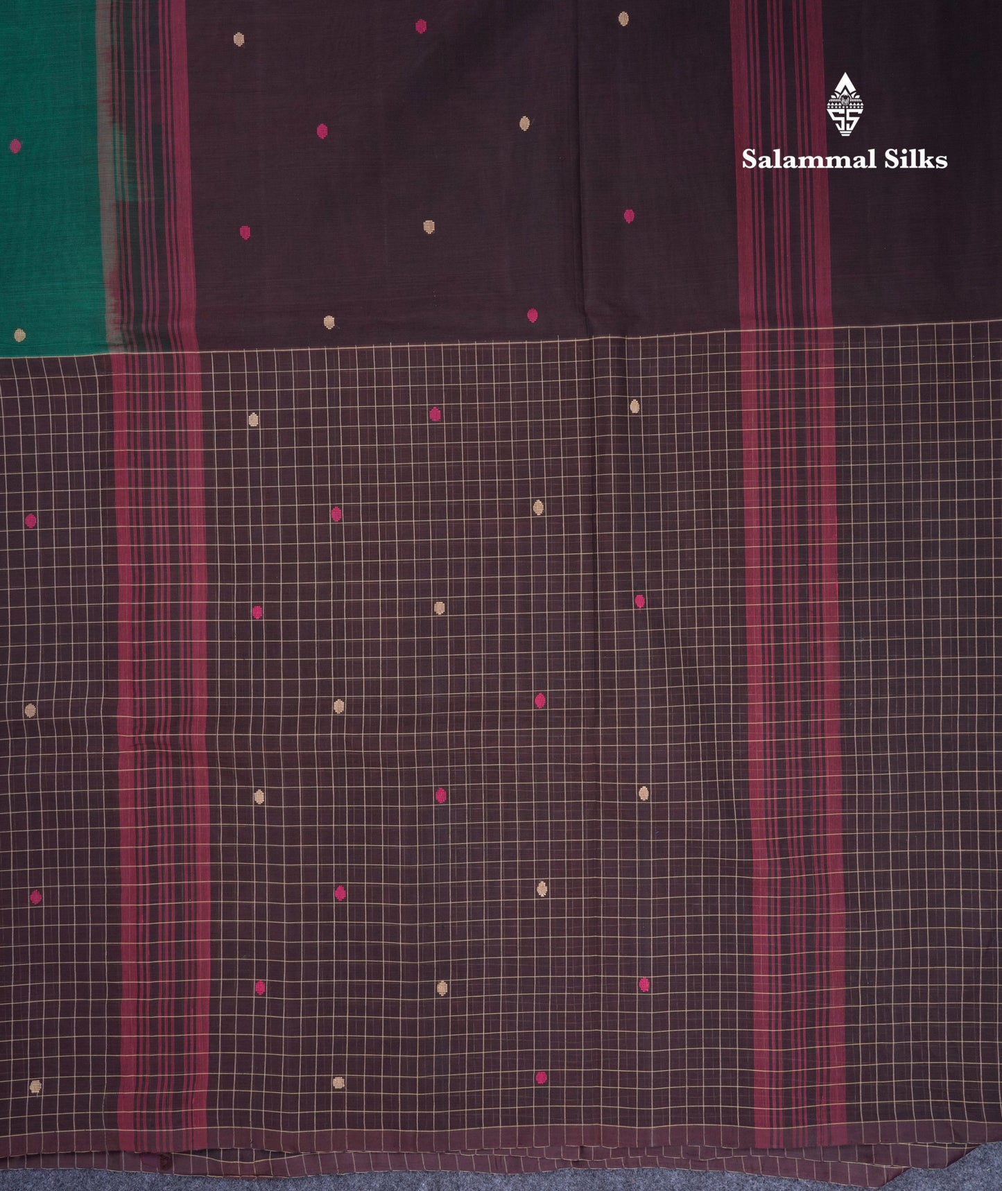 Dual Tine Peacock Green Butta & Dark Purple Checks With Butta Half And Half Pure Cotton Saree With Contrast Dark Purple Blouse