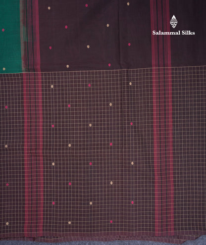 Dual Tine Peacock Green Butta & Dark Purple Checks With Butta Half And Half Pure Cotton Saree With Contrast Dark Purple Blouse