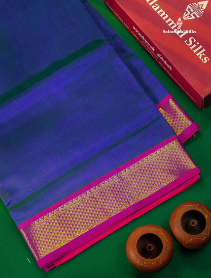Pure Silk Cotton Saree - Dual Tone Peacock Blue Colour Body Plain With Pink Border | 10 Yards