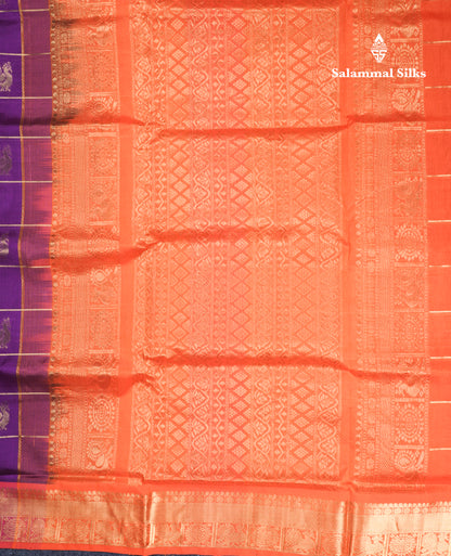 Purple Checks Pure Silk Cotton Saree With Contrast Orange Blouse