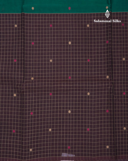 Dual Tine Peacock Green Butta & Dark Purple Checks With Butta Half And Half Pure Cotton Saree With Contrast Dark Purple Blouse