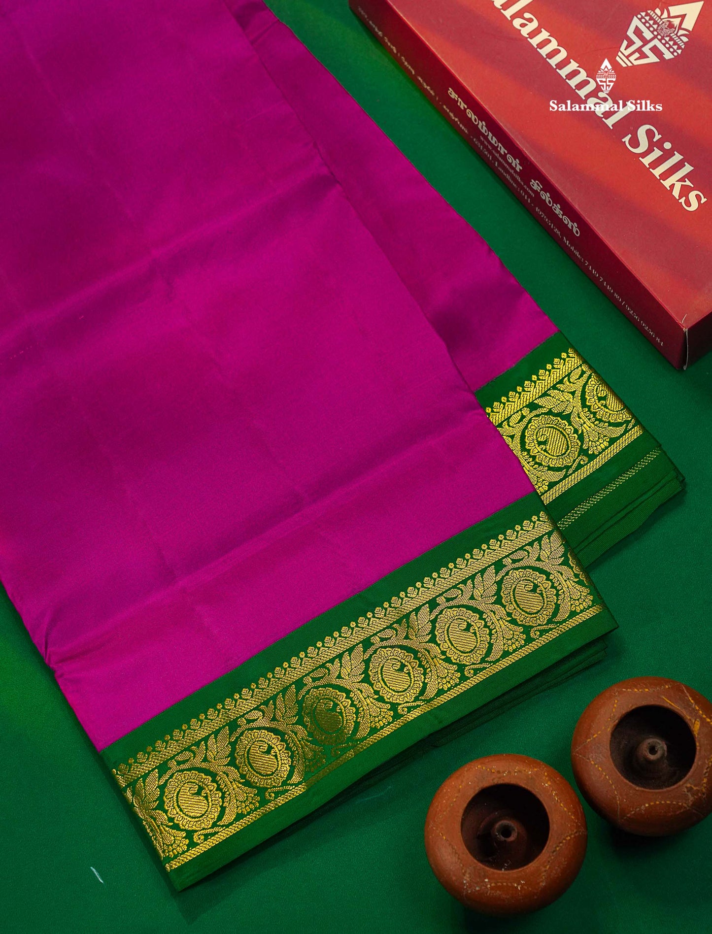 Dark Purple 9 Yards Pure Silk Saree With (3.7inch) Contrast Green Border