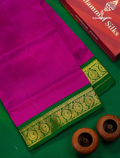 Dark Purple 9 Yards Pure Silk Saree With (3.7inch) Contrast Green Border