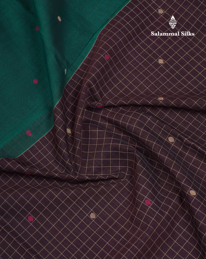 Dual Tine Peacock Green Butta & Dark Purple Checks With Butta Half And Half Pure Cotton Saree With Contrast Dark Purple Blouse
