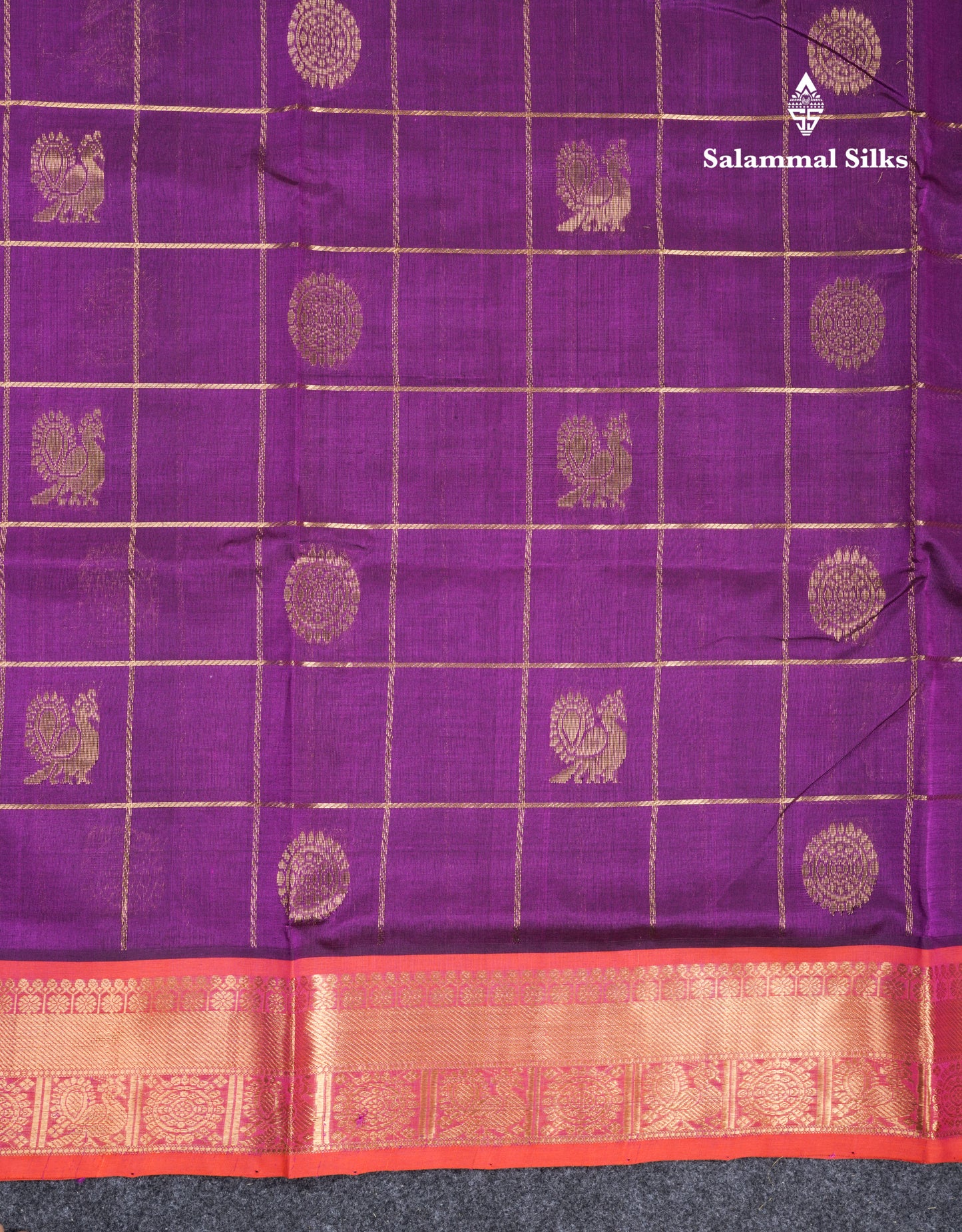Purple Checks Pure Silk Cotton Saree With Contrast Orange Blouse