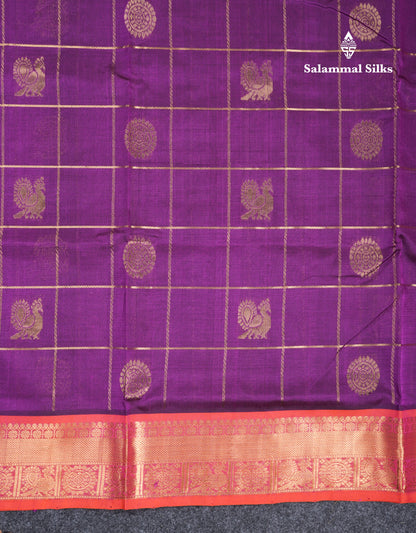 Purple Checks Pure Silk Cotton Saree With Contrast Orange Blouse