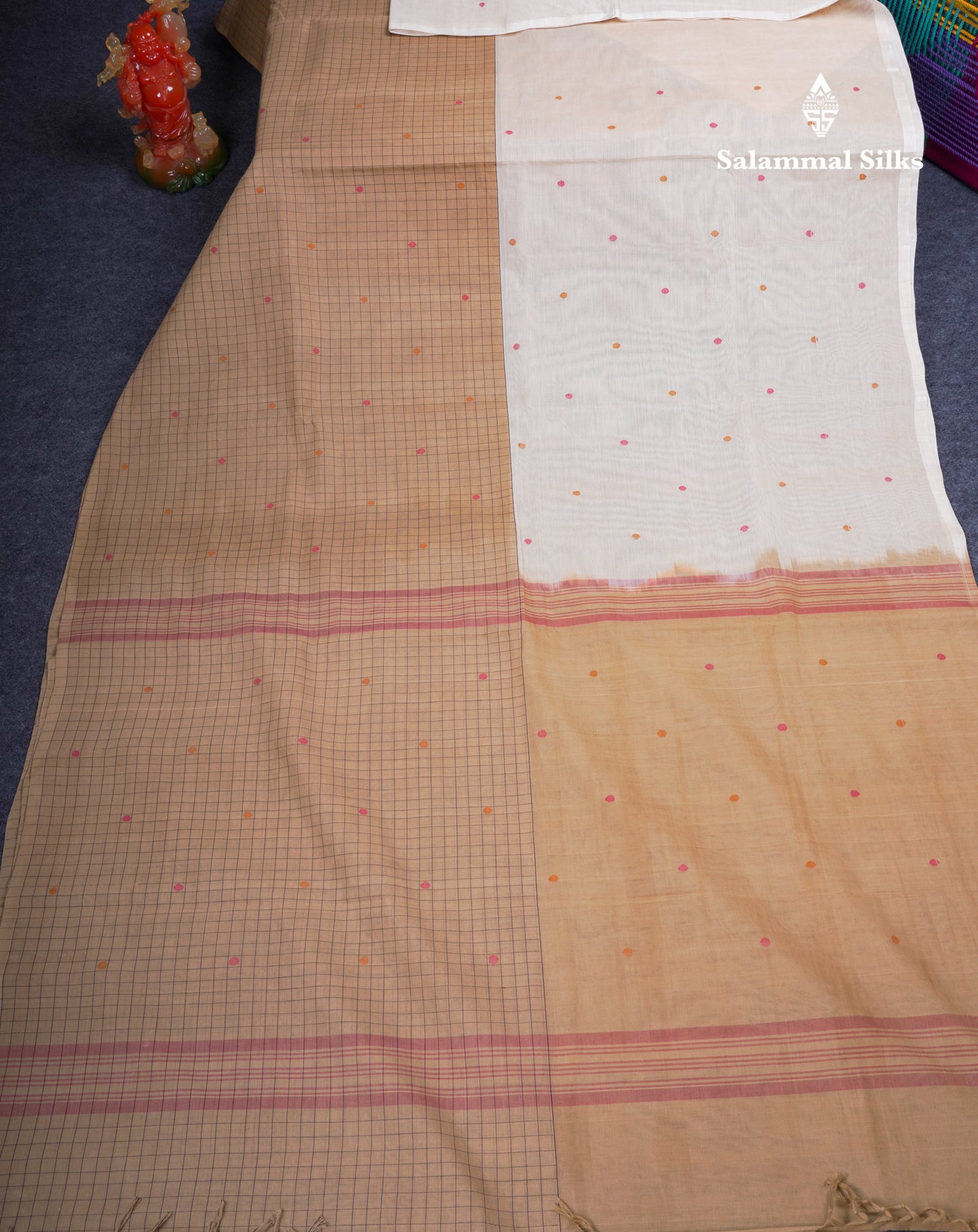 Dual Tine Peacock Green Butta & Dark Purple Checks With Butta Half And Half Pure Cotton Saree With Contrast Dark Purple Blouse