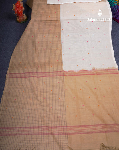 Dual Tine Peacock Green Butta & Dark Purple Checks With Butta Half And Half Pure Cotton Saree With Contrast Dark Purple Blouse
