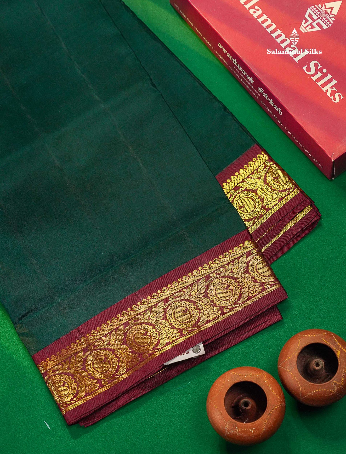 Beautiful Bottle Green 9Yards Pure Silk Saree With (3.6 inch) Contrast Dark Brown Traditional Border