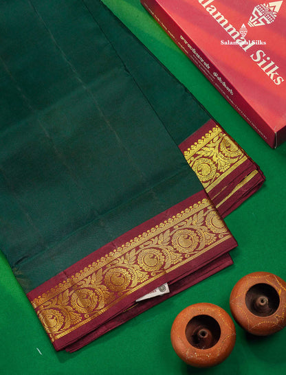 Beautiful Bottle Green 9Yards Pure Silk Saree With (3.6 inch) Contrast Dark Brown Traditional Border