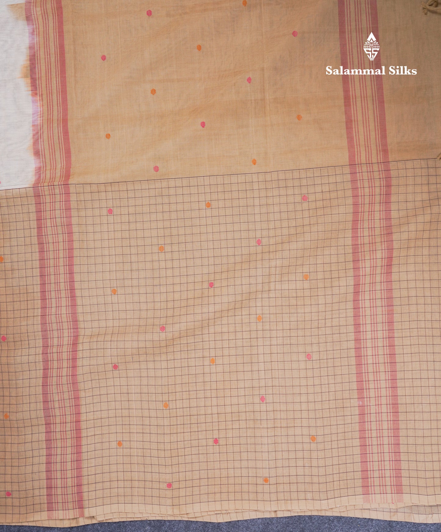 Dual Tine Peacock Green Butta & Dark Purple Checks With Butta Half And Half Pure Cotton Saree With Contrast Dark Purple Blouse