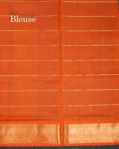 Purple Checks Pure Silk Cotton Saree With Contrast Orange Blouse