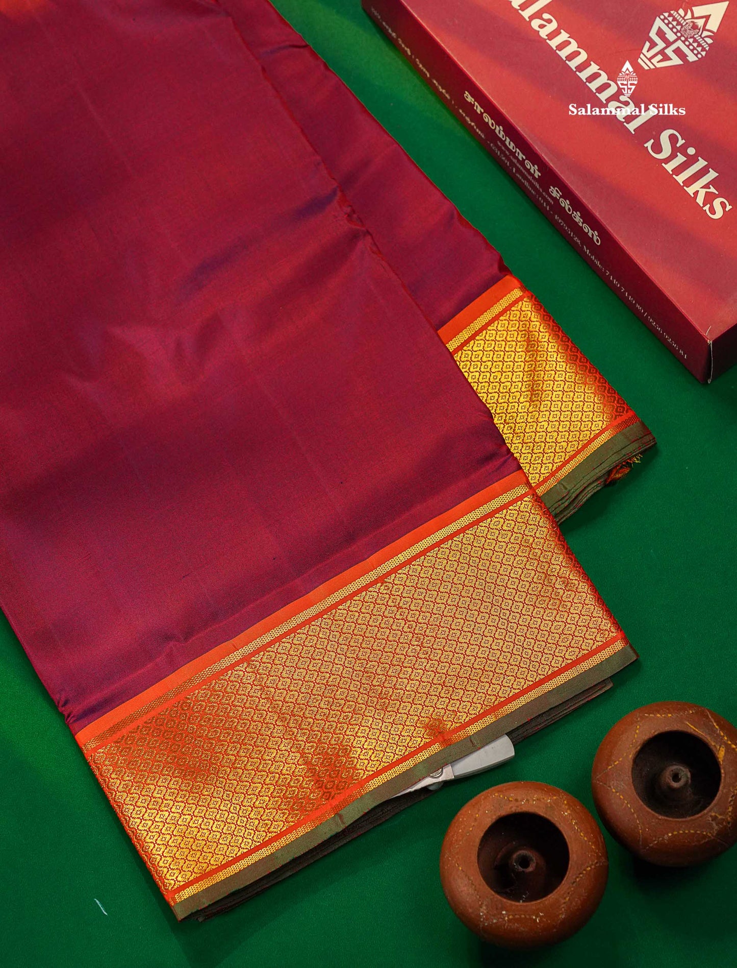 Beautiful Dual Tone Magenta 10 Yards Pure Silk Saree With (5inch) Contrast Orange Traditional Border