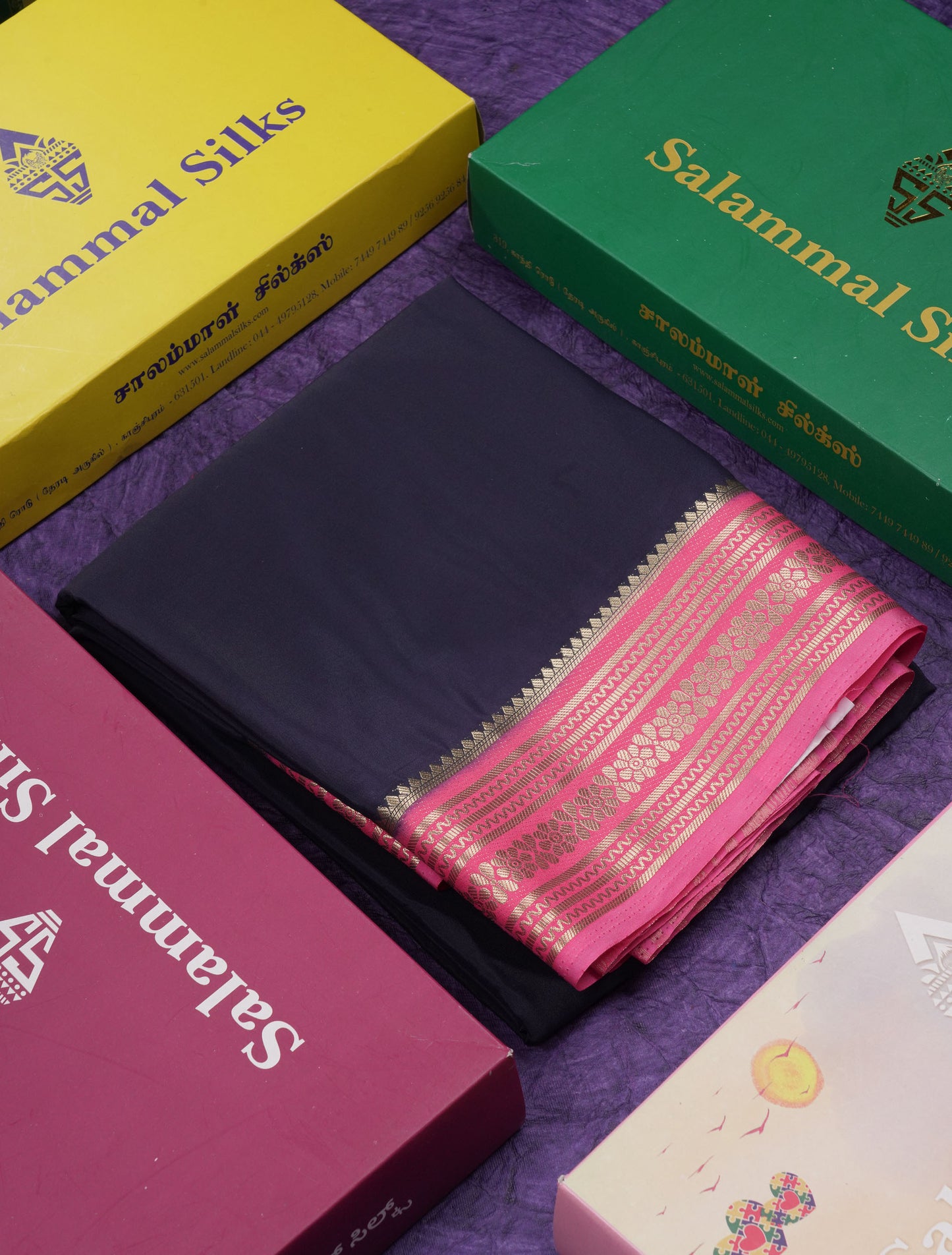 Beautiful Navy Blue Plain Semi Mysore Silk Saree With Contrast Pink Traditional Border