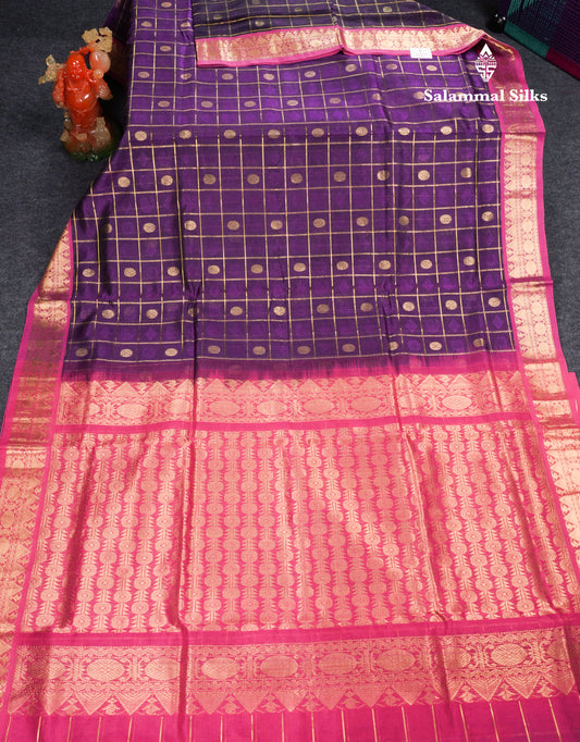 Dark Purple Checks Pure Silk Cotton Saree With Contrast Pink Blouse
