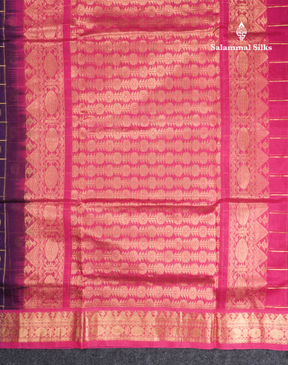 Dark Purple Checks Pure Silk Cotton Saree With Contrast Pink Blouse