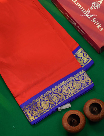 Beautiful Redish Maroon 9Yards Pure Kanjivaram Silk Saree With 5inch Royal Blue Border