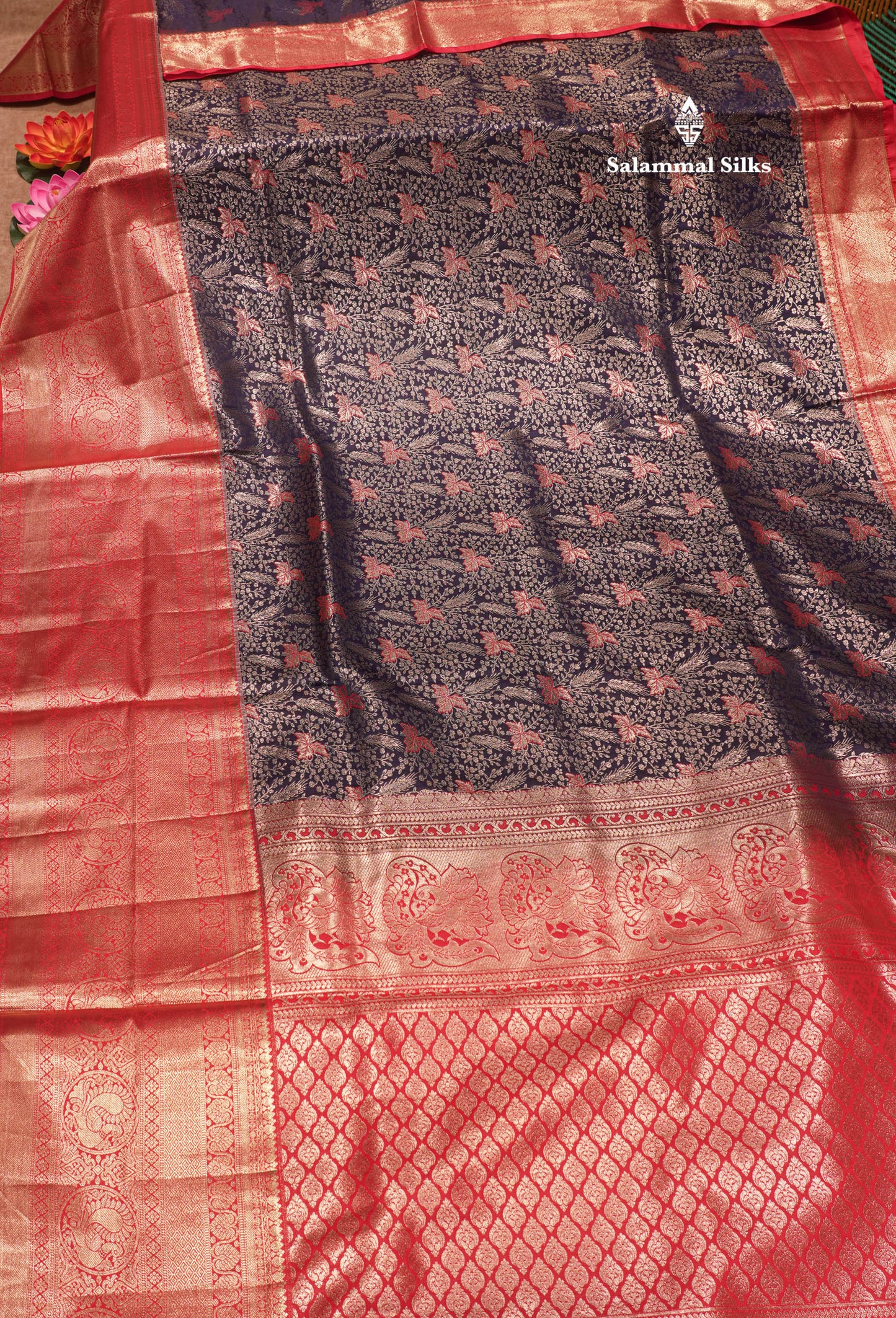 Navy Blue Colour Semi Silk Saree With Contrast Long Red Border
