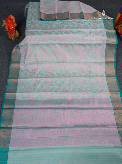 Cotton Mix Saree - Light Rexona Green Colour Body With Floral Design & Contrast Sapphire Green Border