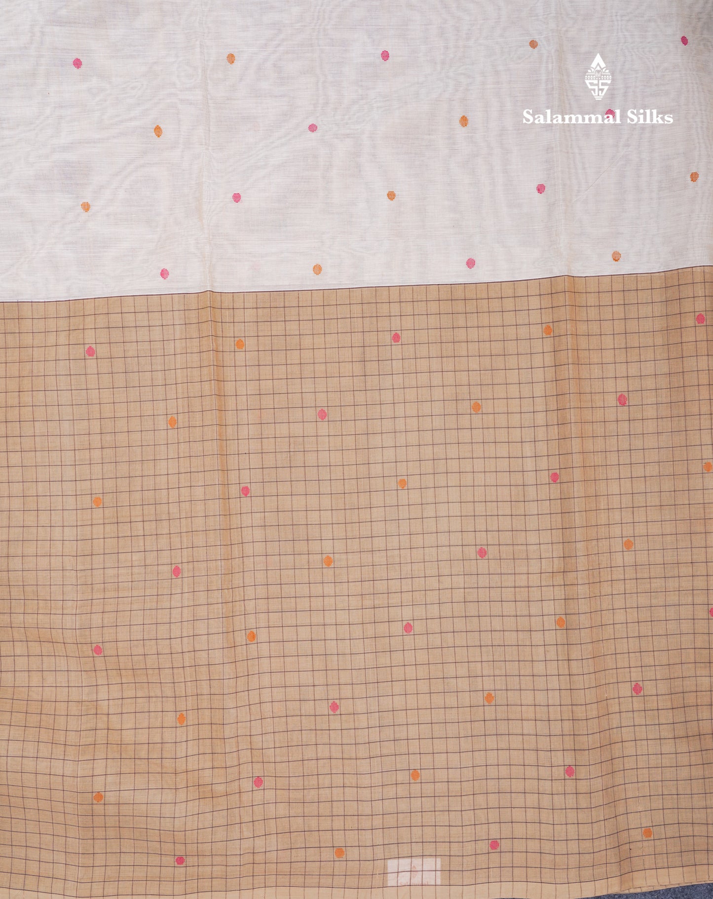 Dual Tine Peacock Green Butta & Dark Purple Checks With Butta Half And Half Pure Cotton Saree With Contrast Dark Purple Blouse