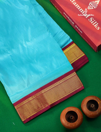 Beautiful Sky Blue 9 Yards Pure Kanjivaram Silk Saree With (3.5inch) Dark Magenta Border
