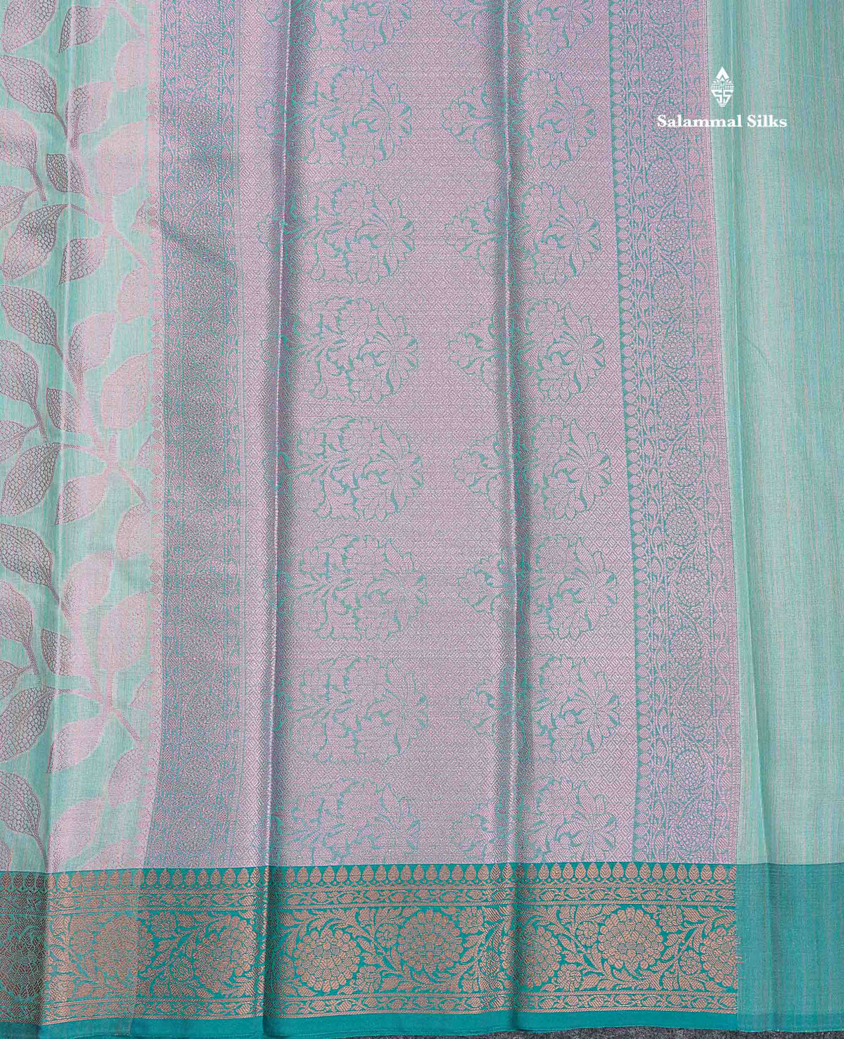 Cotton Mix Saree - Peach Colour Body With Floral Design & Contrast Sapphire Green Border