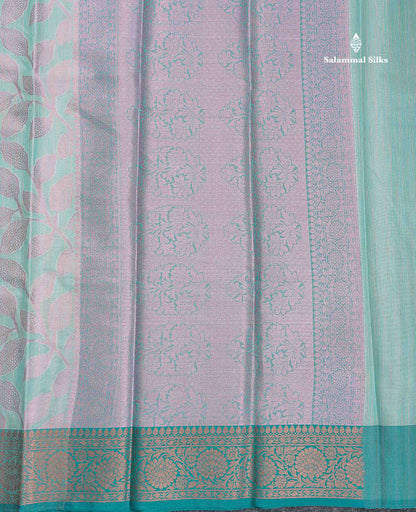 Cotton Mix Saree - Peach Colour Body With Floral Design & Contrast Sapphire Green Border