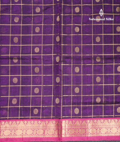 Dark Purple Checks Pure Silk Cotton Saree With Contrast Pink Blouse