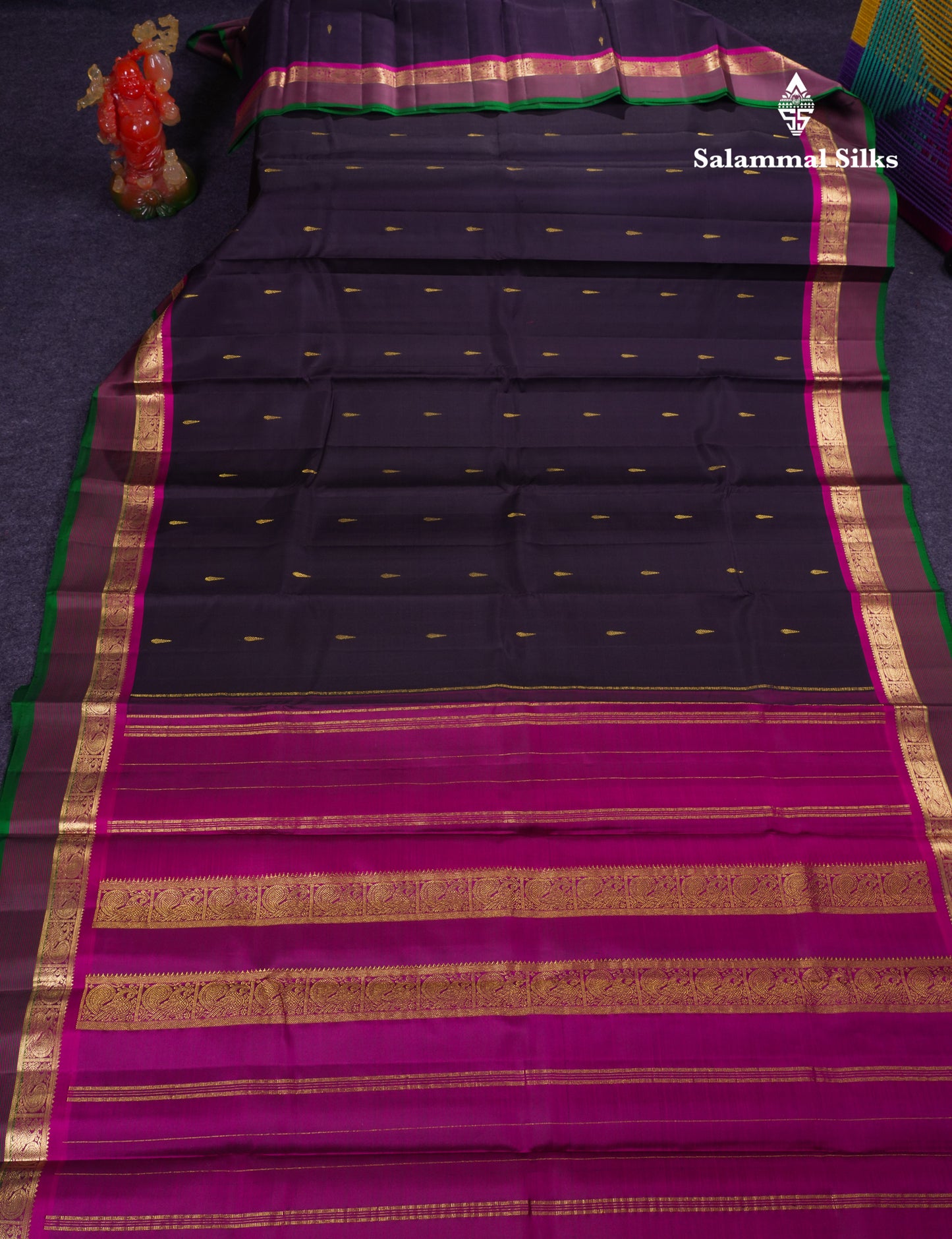 Beautiful Dark Brown Pure Kanjivaram Silk Saree With Contrast Magenta Traditional Border
