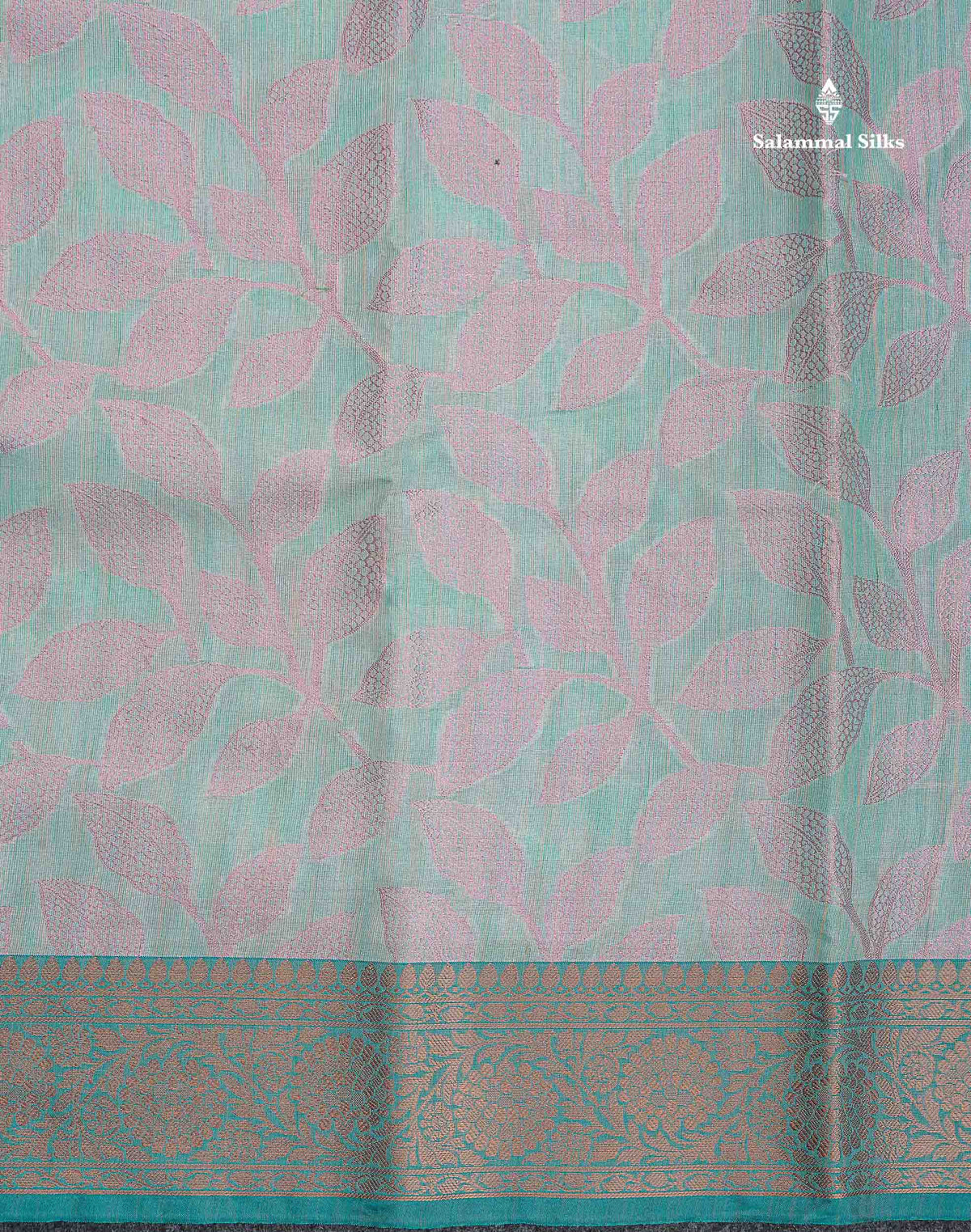 Cotton Mix Saree - Peach Colour Body With Floral Design & Contrast Sapphire Green Border