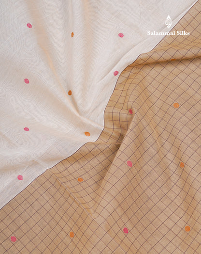 Dual Tine Peacock Green Butta & Dark Purple Checks With Butta Half And Half Pure Cotton Saree With Contrast Dark Purple Blouse