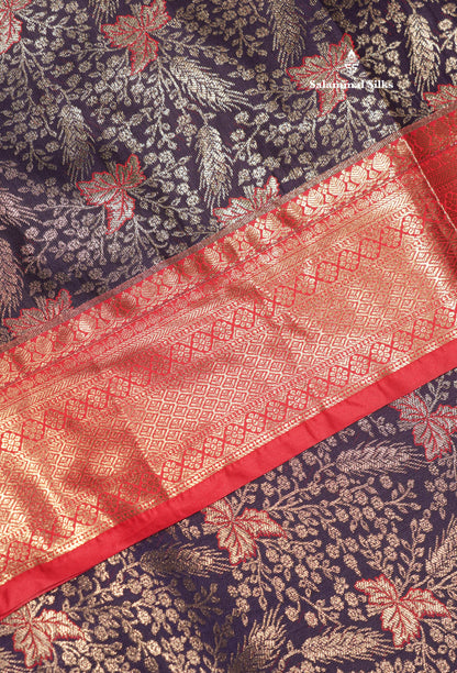 Navy Blue Colour Semi Silk Saree With Contrast Long Red Border