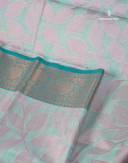 Cotton Mix Saree - Peach Colour Body With Floral Design & Contrast Sapphire Green Border