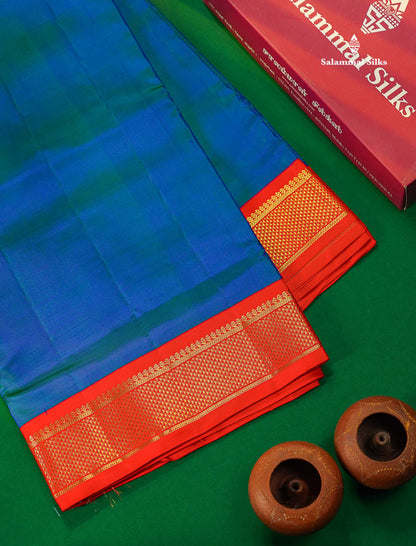 Korvai Beautiful Dual Tone Peacock Blue 10 Yards Pure Silk Saree With (4.1 inch) Contrast Chilly Red Traditional Border