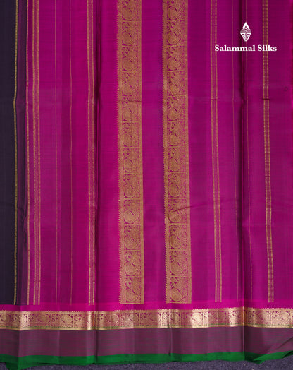 Beautiful Dark Brown Pure Kanjivaram Silk Saree With Contrast Magenta Traditional Border