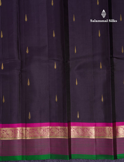 Beautiful Dark Brown Pure Kanjivaram Silk Saree With Contrast Magenta Traditional Border