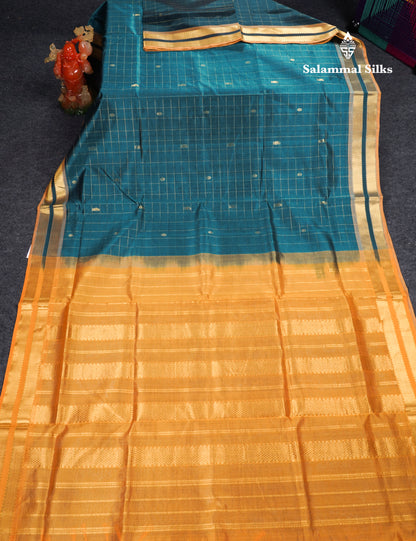 Peacock Blue Checks Pure Silk Cotton Saree With Contrast Mustard Yellow Blouse