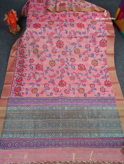 Cotton Mix Saree - Peach Pink Colour Body Printed With Contrast Brown Blouse