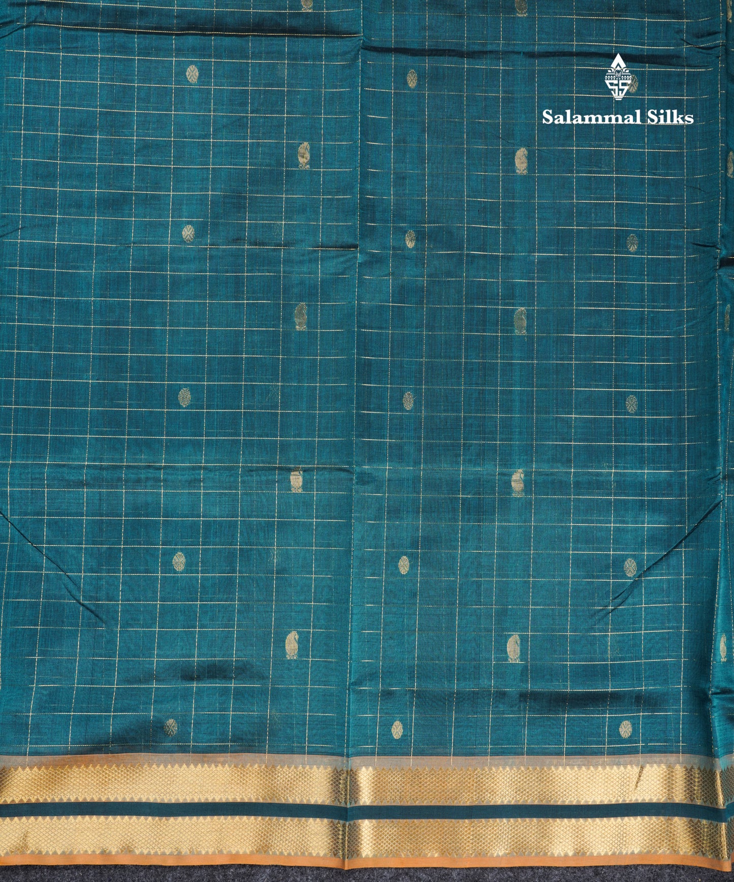 Peacock Blue Checks Pure Silk Cotton Saree With Contrast Mustard Yellow Blouse