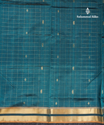 Peacock Blue Checks Pure Silk Cotton Saree With Contrast Mustard Yellow Blouse