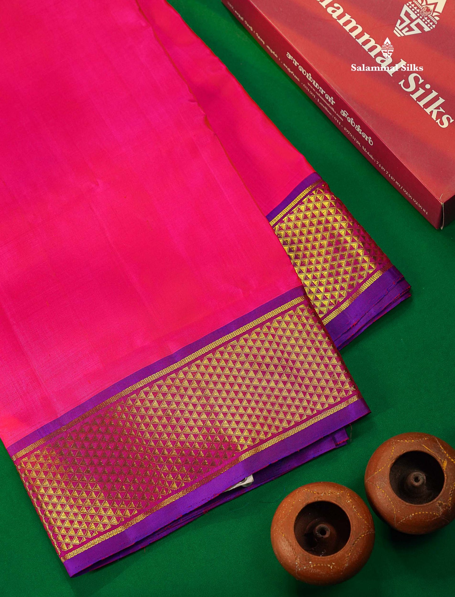 Beautiful Pink 10 Yards Pure Silk Saree With (5.3 inch) Contrast Puple Traditional Border