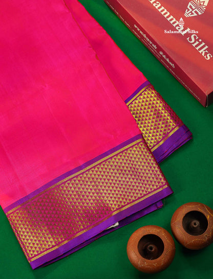 Beautiful Pink 10 Yards Pure Silk Saree With (5.3 inch) Contrast Puple Traditional Border