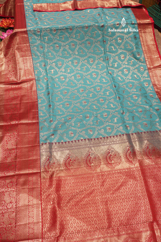 Sky Blue Colour Semi Silk Saree With Contrast Long Red Border