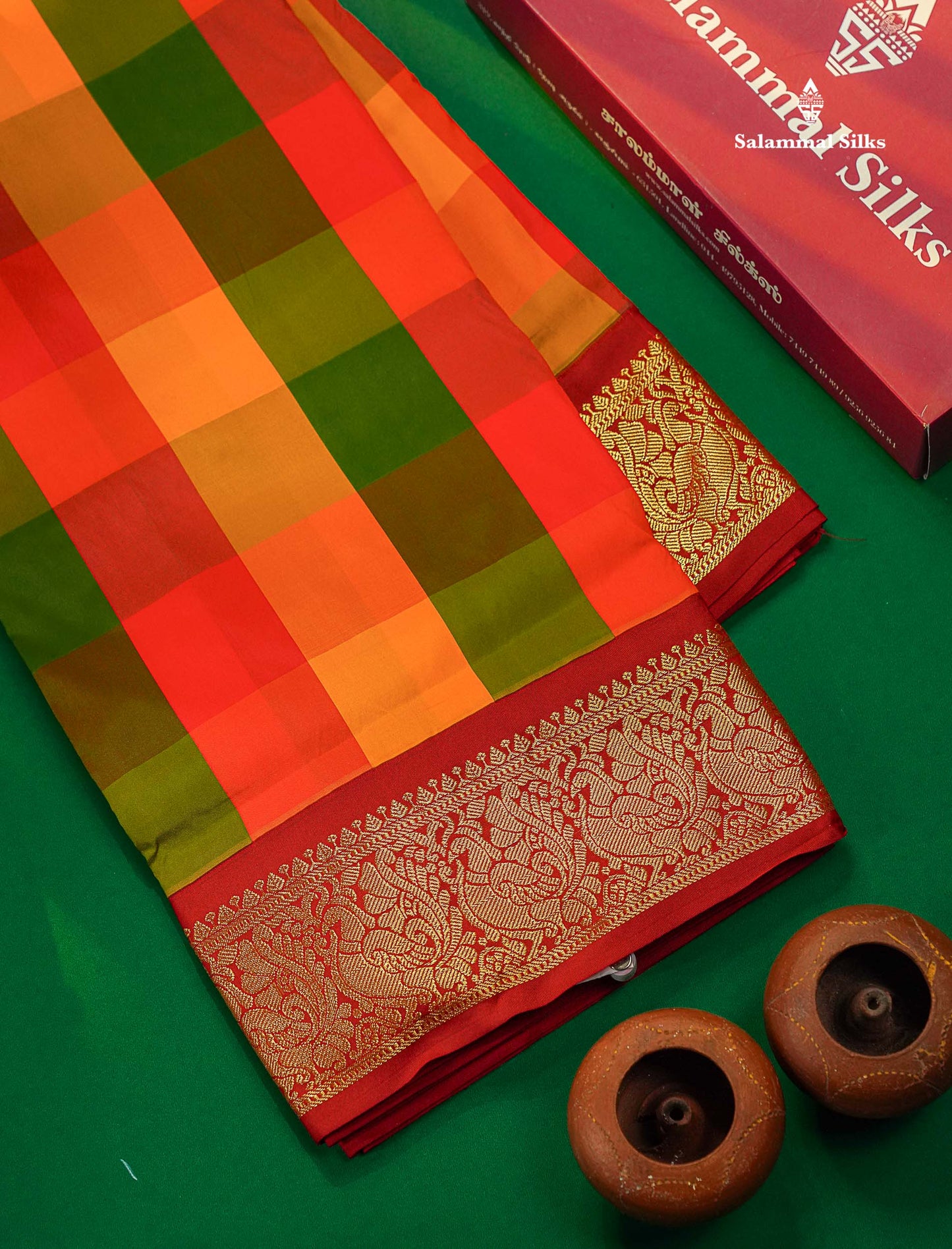 Semi Silk Saree - Paalum Pazham Checks Multicolour Colour Body With Contrast Maroon Border | 9 Yards 