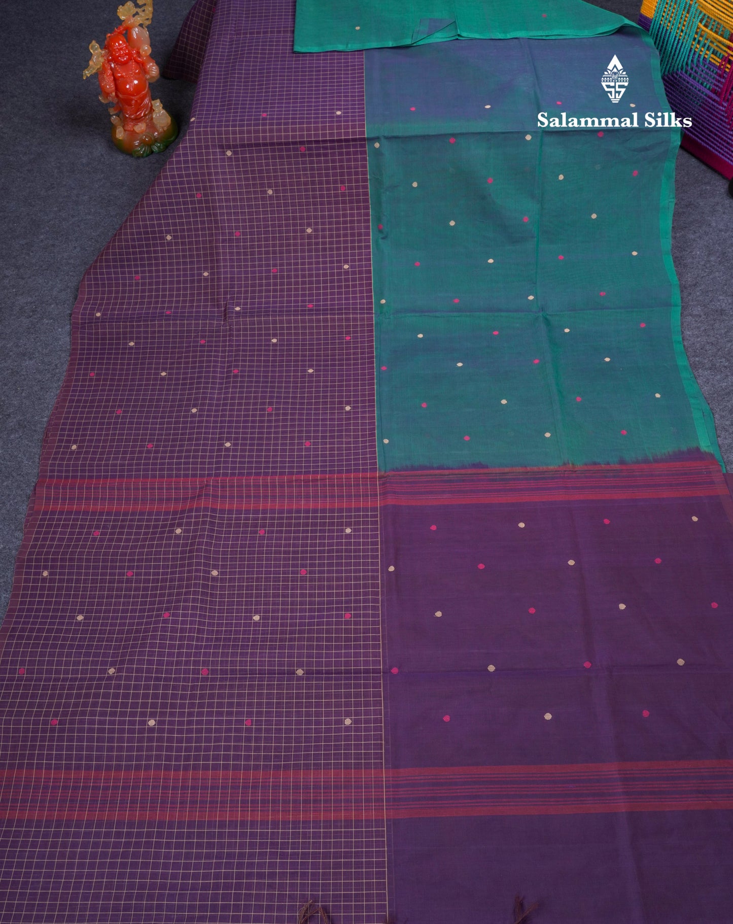 Dual Tine Peacock Green Butta & Dark Purple Checks With Butta Half And Half Pure Cotton Saree With Contrast Dark Purple Blouse