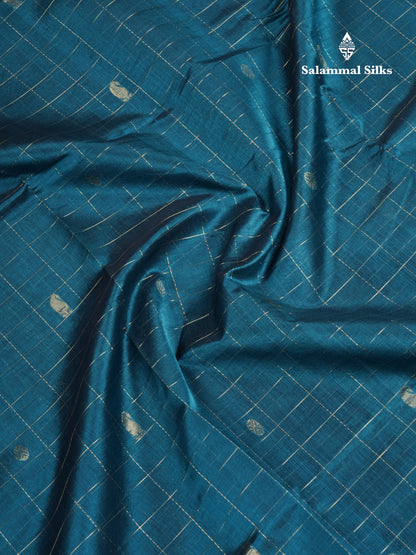 Peacock Blue Checks Pure Silk Cotton Saree With Contrast Mustard Yellow Blouse