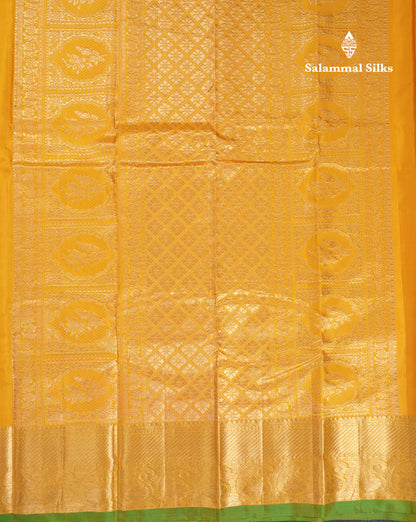 Beautiful Yellow Plain Pure Kanjivaram Silk Saree With Traditional Border