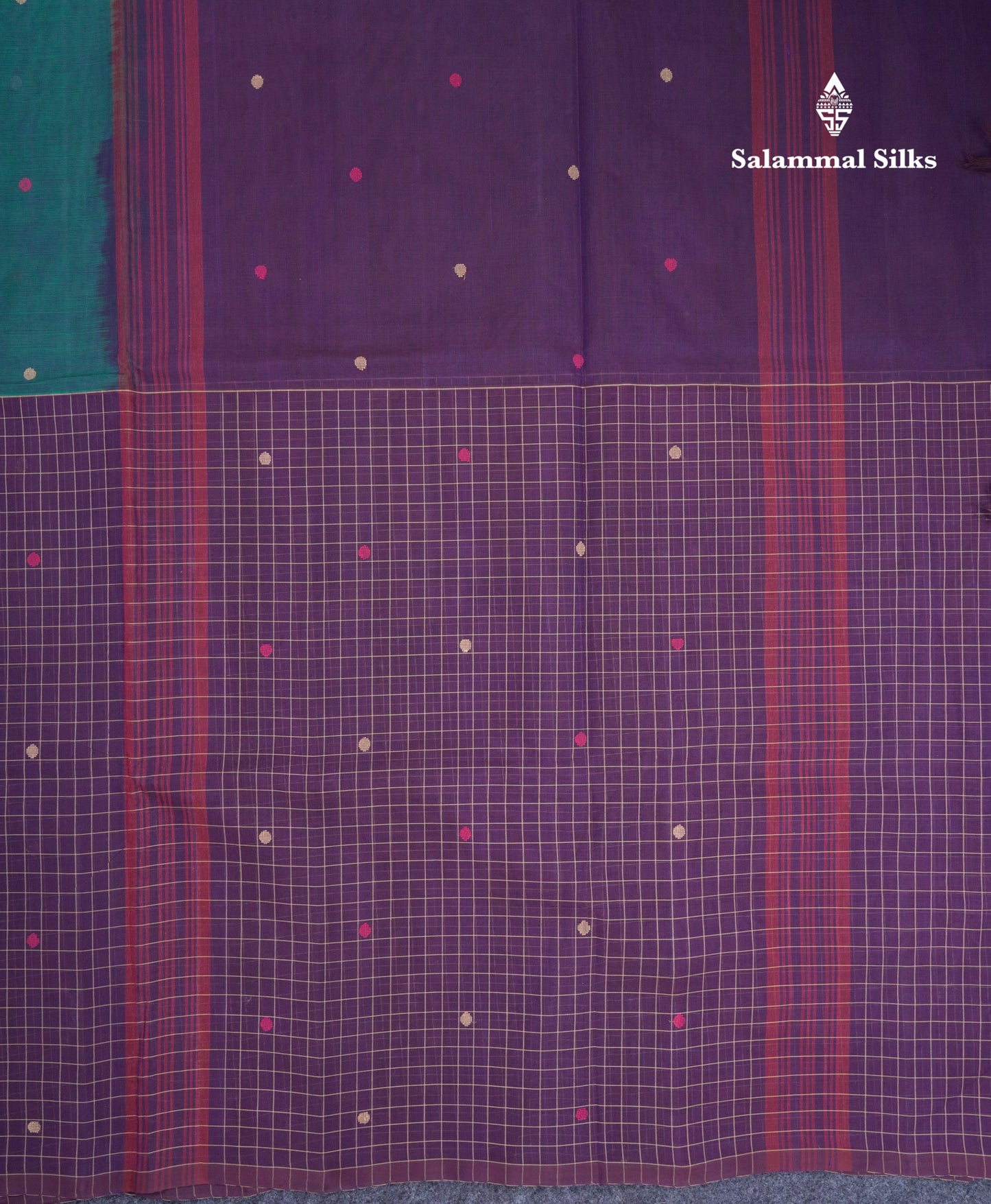 Dual Tine Peacock Green Butta & Dark Purple Checks With Butta Half And Half Pure Cotton Saree With Contrast Dark Purple Blouse