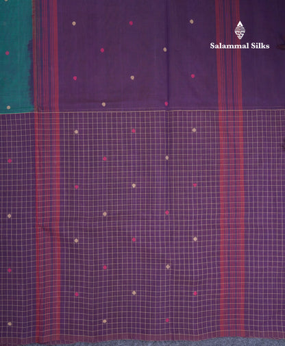 Dual Tine Peacock Green Butta & Dark Purple Checks With Butta Half And Half Pure Cotton Saree With Contrast Dark Purple Blouse