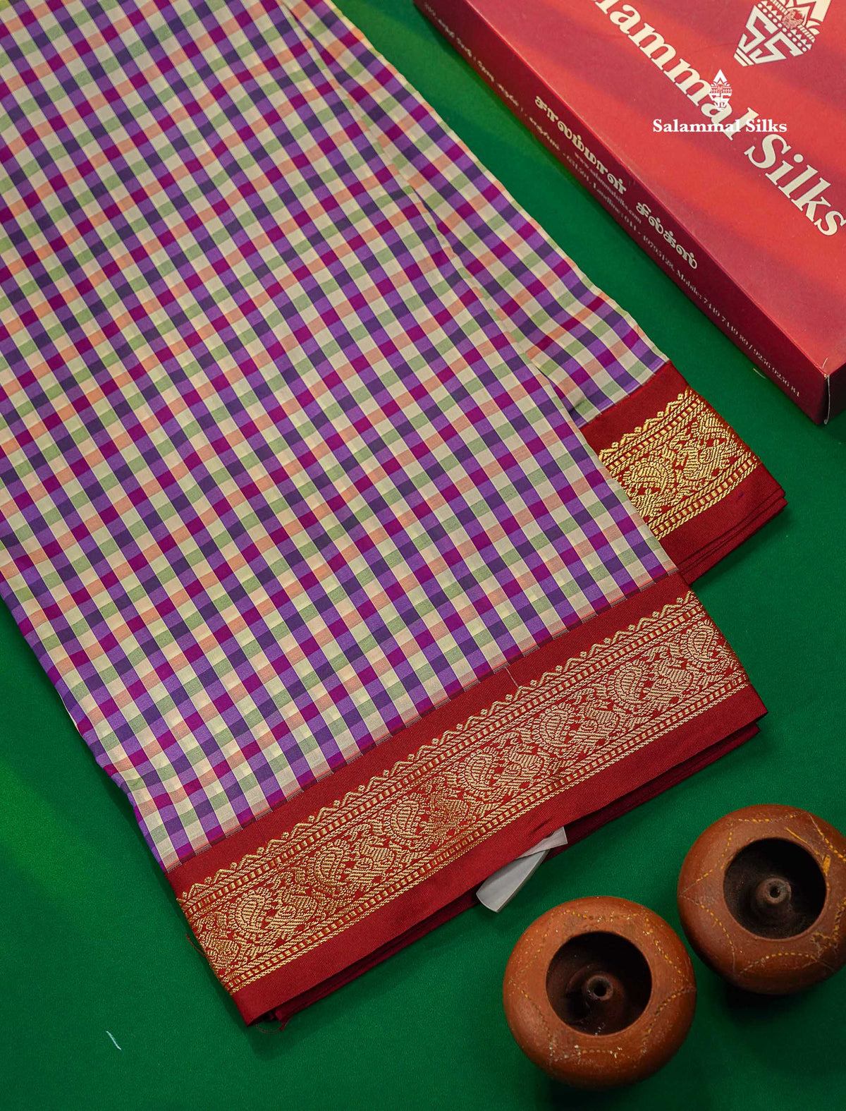 9.5 Yards Semi Silk Saree Violet & White Checks With Contrast Maroon Traditional Border